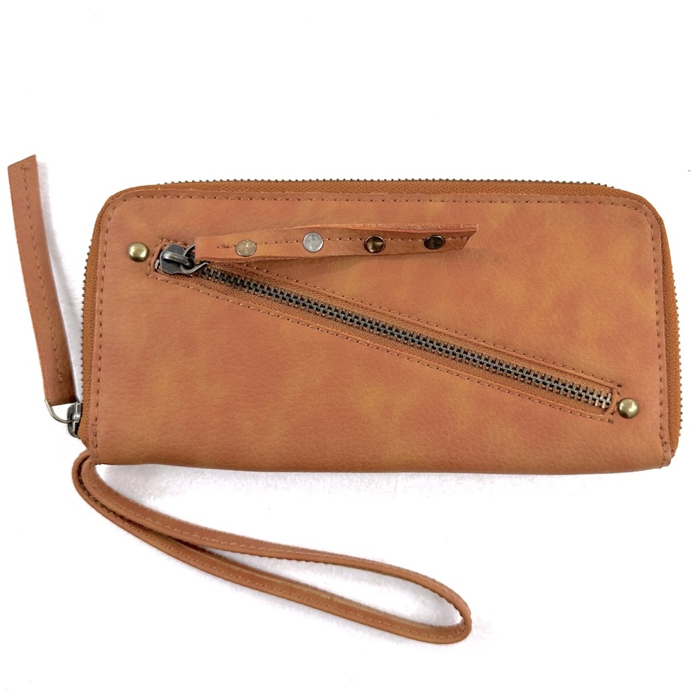 Free People Brown Vegan Faux Leather Large Wallet Zip Around Clutch